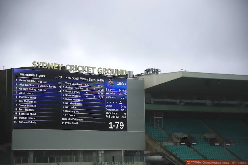 SCG's electronic scoreboard during a Sheffield Shield match between New South Wales and Tasmania in 2018.