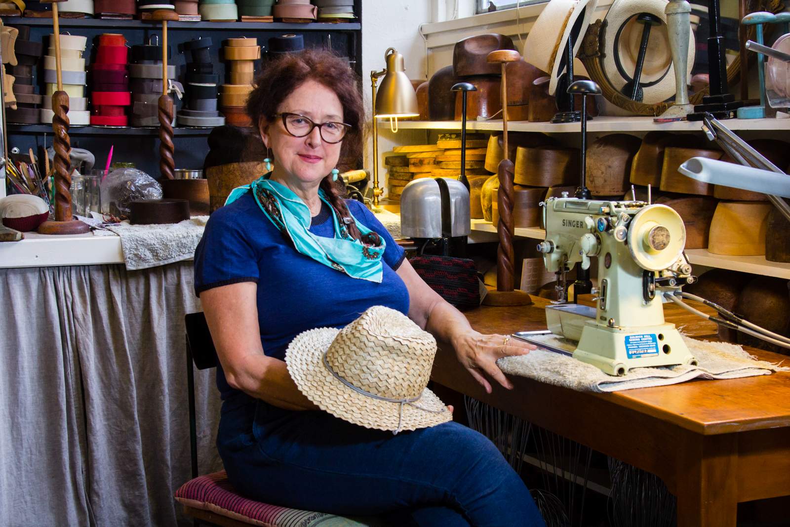 Milliner Rosie Boylan in his workshop in Newtown, Sydney.