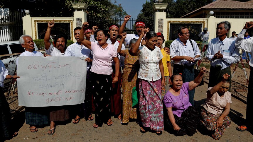 Released political prisoners demonstrate in front of Insein prison in Yangon, Myanmar