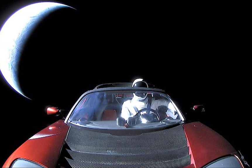 Elon Musk's Tesla Roadster enroute to Mars orbit and then the Asteroid Belt.