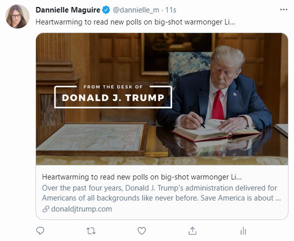 A screenshot of a tweet with a link to Donald Trump's website. 