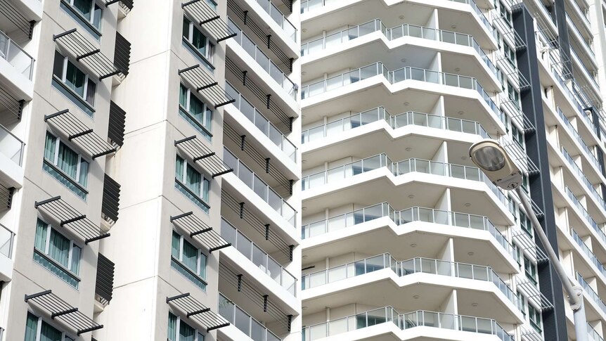 A photo of two apartment blocks in Darwin city.