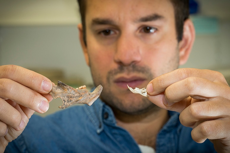 A young man with dark hair and fair skin holds out two small fossilised jaw bones, in front of his face.