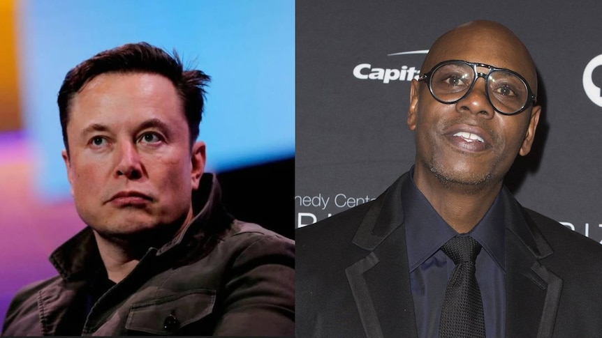 Elon music looks vaguely at the camera on the left while Dave Chappelle smiles on the right. Composite image