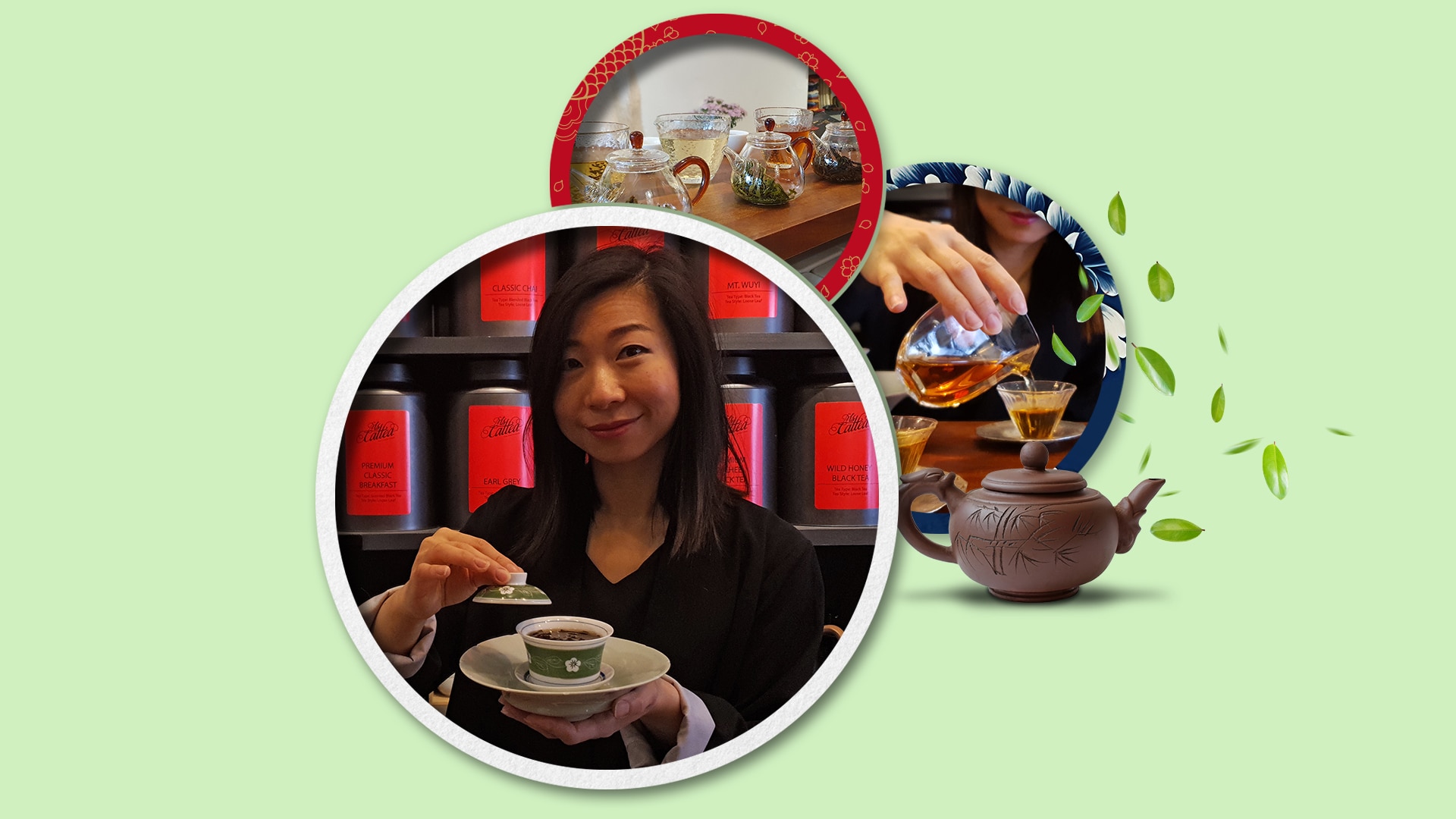 An image of Cathy holding up a cup of green tea.