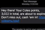 A screenshot of a Coles loyalty points scam text message that asks customers to click on the link to redeem their points