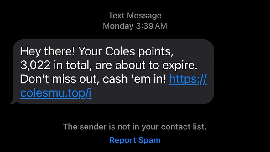 A screenshot of a Coles loyalty points scam text message that asks customers to click on the link to redeem their points