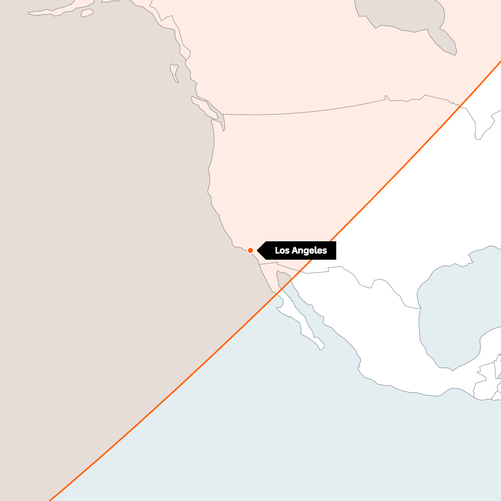 Red shaded area on map shows Los Angeles in range of North Korea's ICBMs.