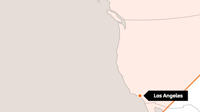 Red shaded area on map shows Los Angeles in range of North Korea's ICBMs.