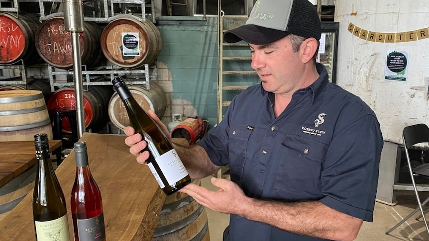 Mudgee wine maker Jacob Stein in his winery looking at bottles.
