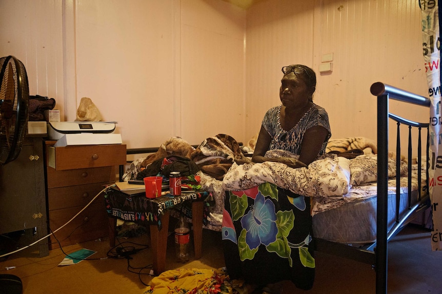 Zelda Gurruwiwi sitting in her bedroom in Birritjimi.