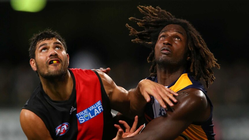 Essendon's Patrick Ryder and West Coast's Nic Naitanui contest the ruck in the round 14, 2013 match.