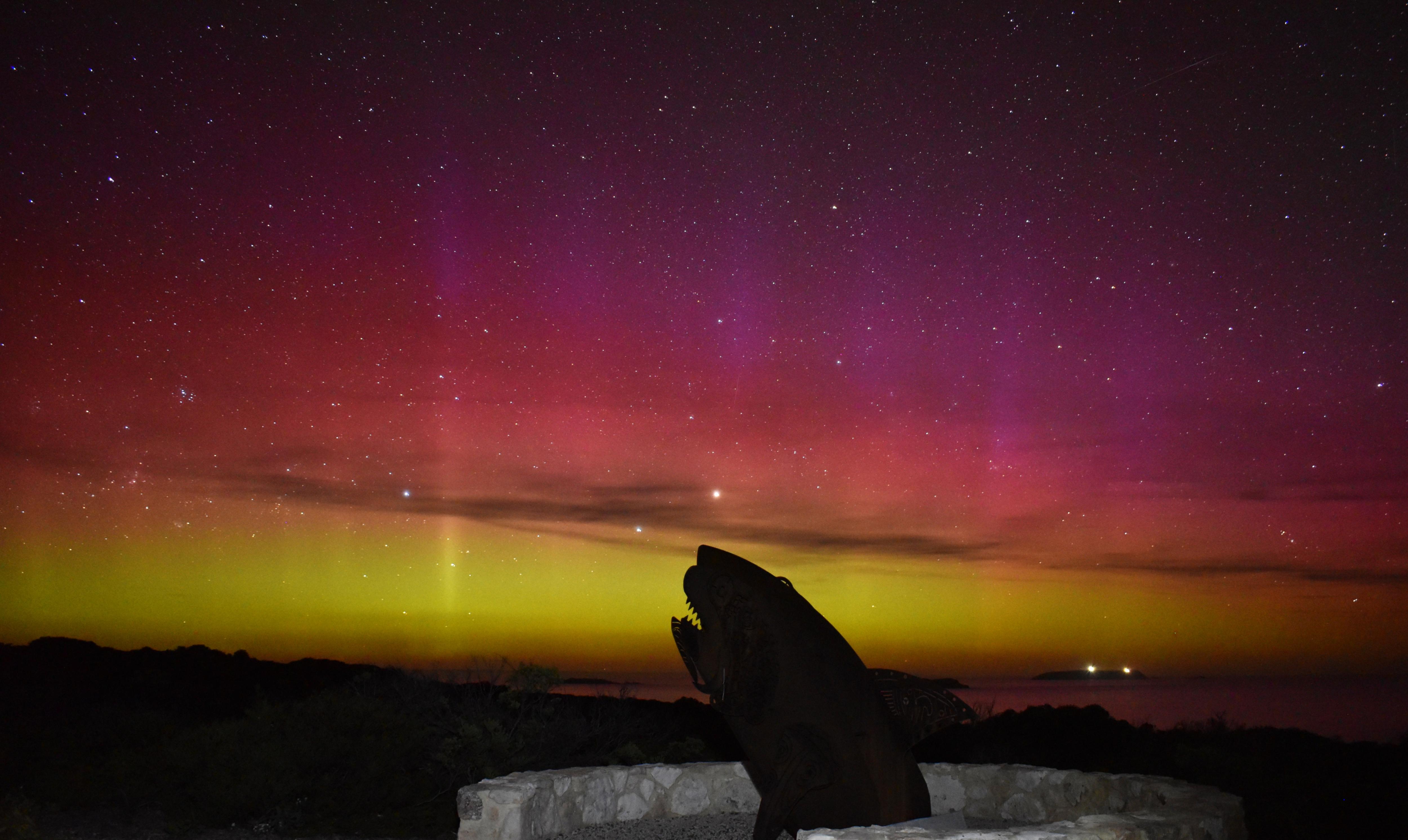 Uma estátua de peixe com um céu noturno rosa escuro e amarelo com estrelas brilhantes