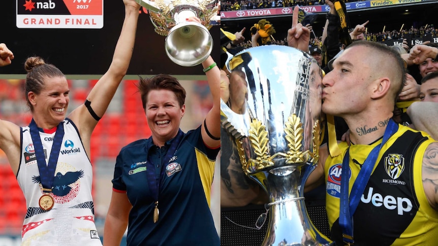 Composite of Adelaide Crows celebrating with AFLW trophy and Dustin Martin