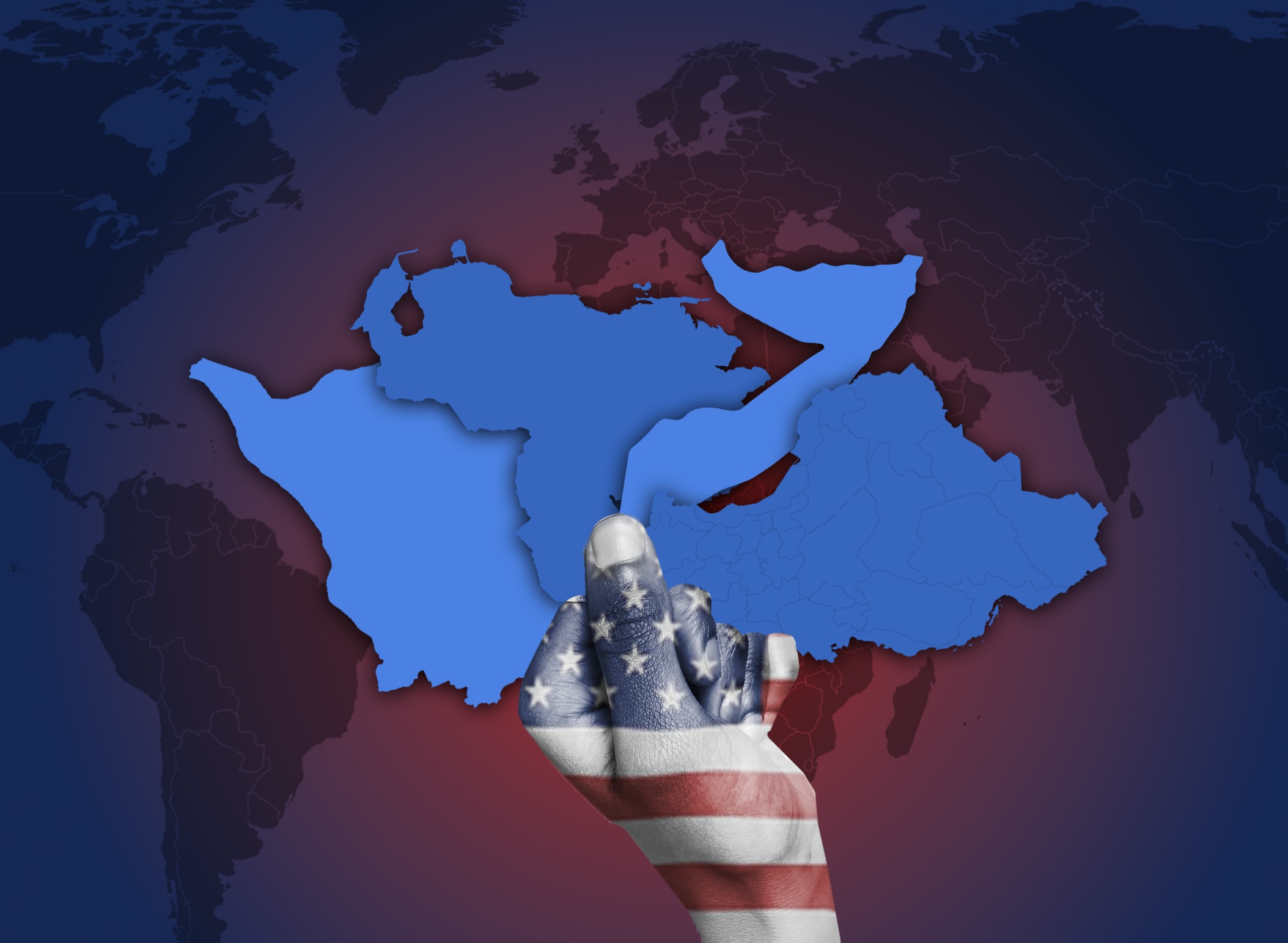 Hand with american flag overlaid is holding the shape of 4 different countries in illustrative style