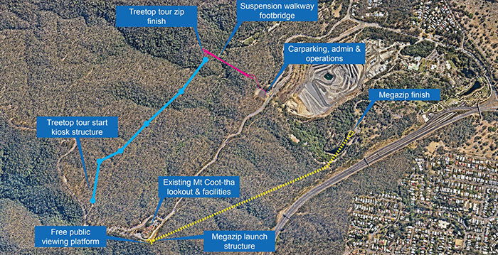 Map showing proposed zipline project on Mt Coot-tha in Brisbane.