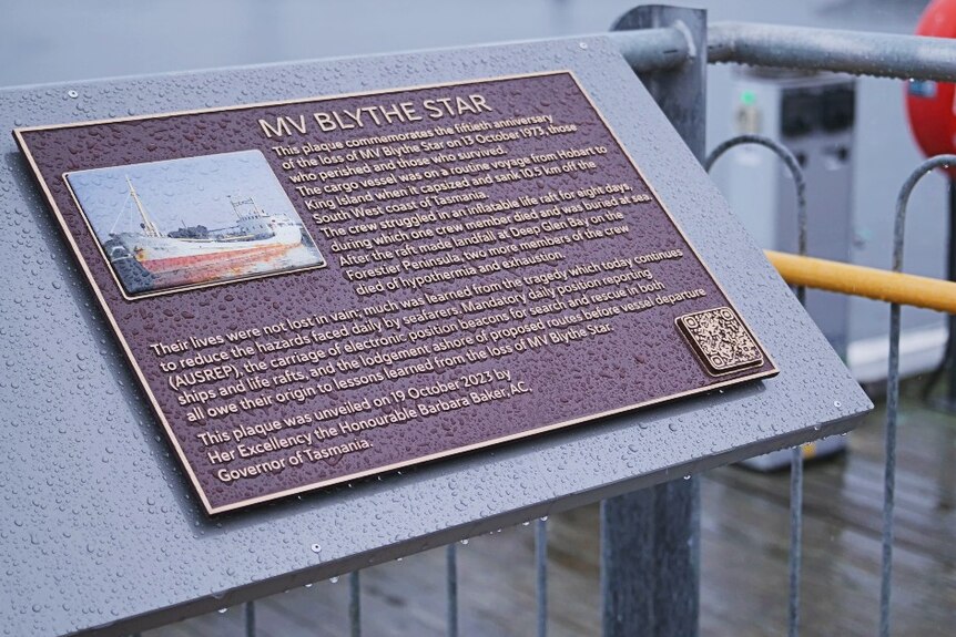 A metal plaque on a waterfront titled MV Blythe Star
