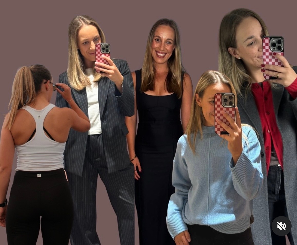 A collage of photos of a woman posing in a variety of woolen clothing