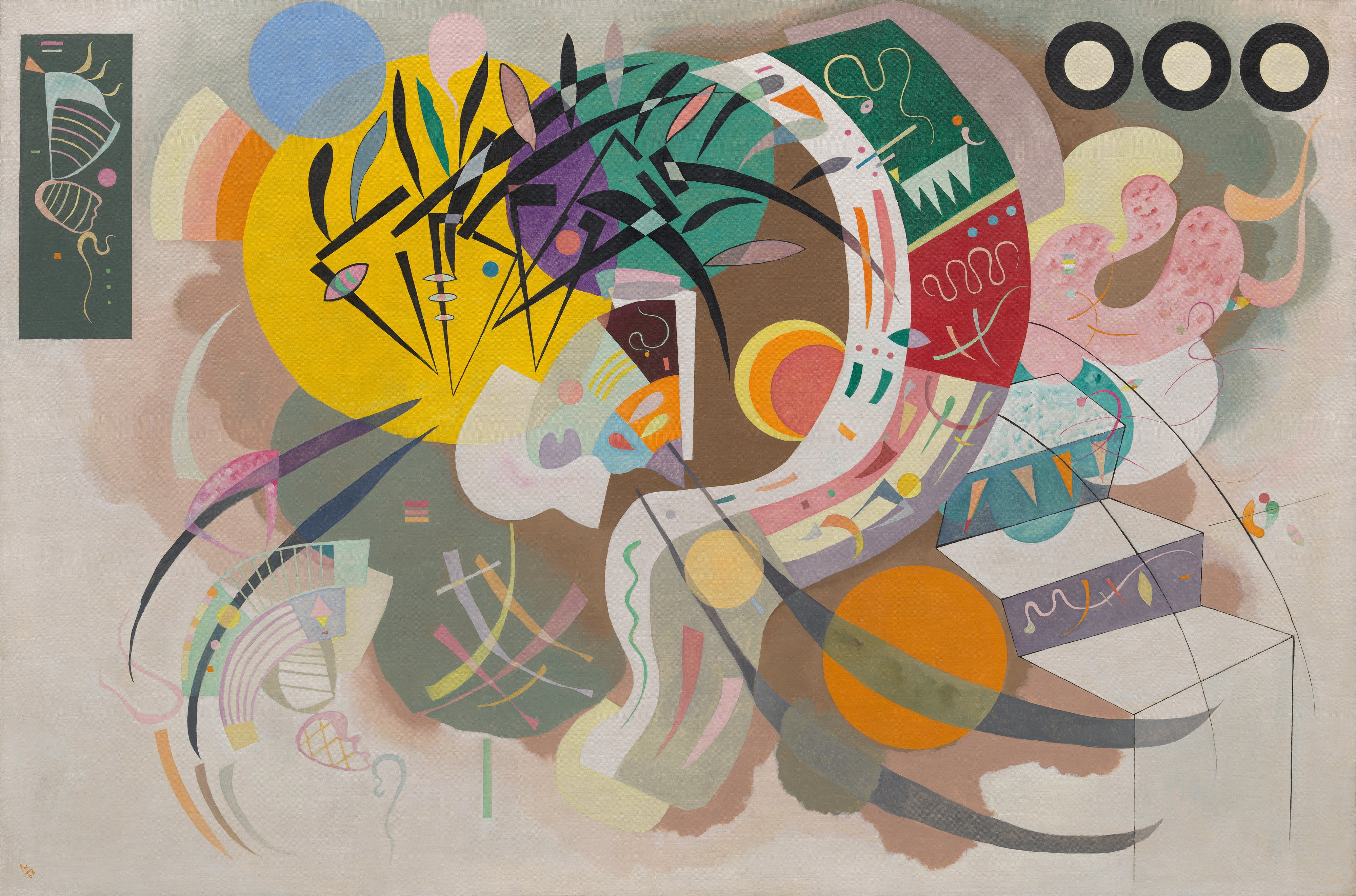 Kandinsky's Dominant Curve painting, featuring a tangle of abstract colourful shapes.