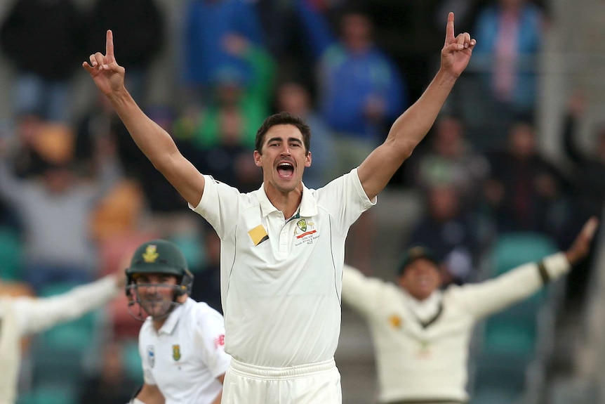 Australia's Mitchell Starc appeals for an LBW decision on South Africa's Dean Elgar