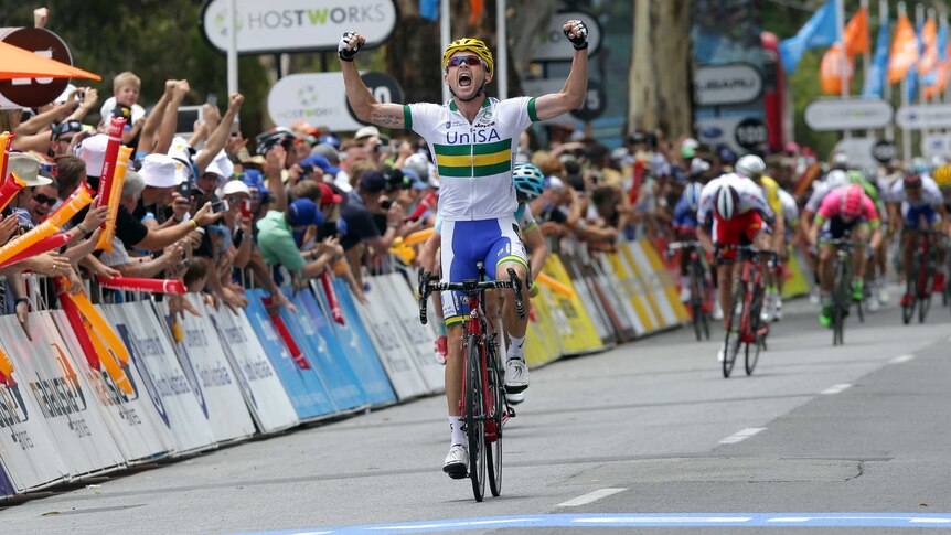 UniSA-Australia's Jack Bobridge celebrates winning stage one of the 2015 Tour Down Under.