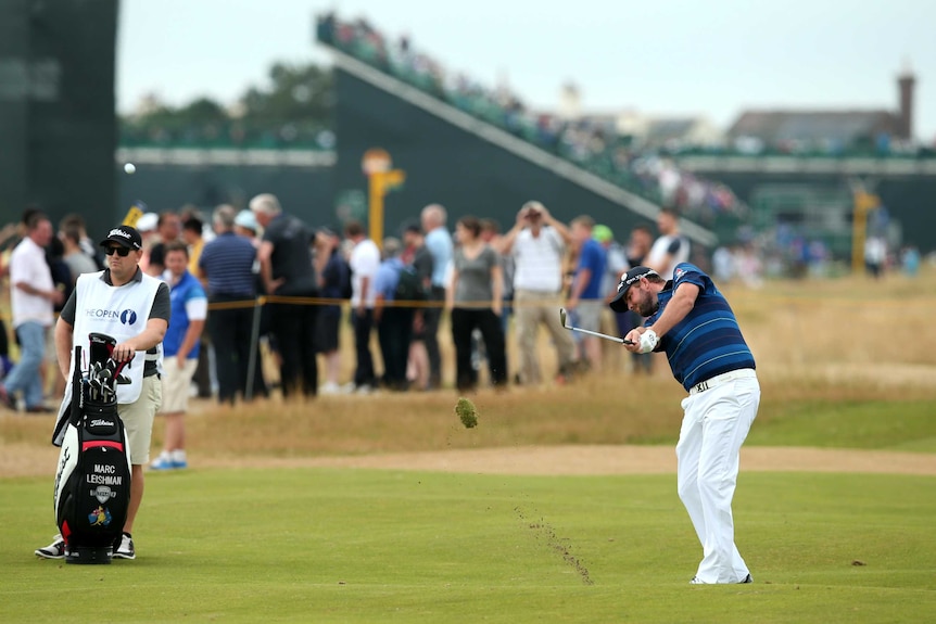 Australia's Marc Leishman plays during the final round of the 2014 British Open at Hoylake.