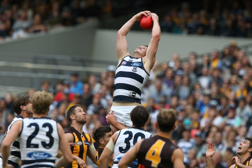 Geelong's Patrick Dangerfield takes a high mark against Hawthorn at the MCG on March 28, 2016.