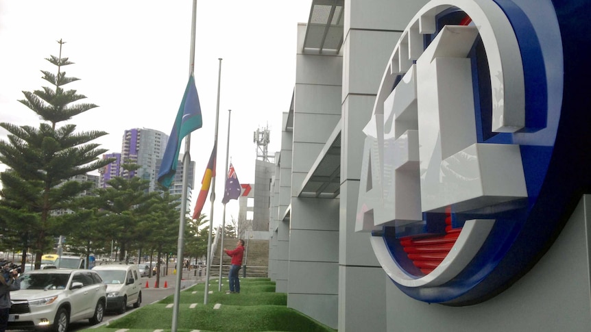 Flags lowered to half-mast at AFL House in Melbourne after Phil Walsh's death.