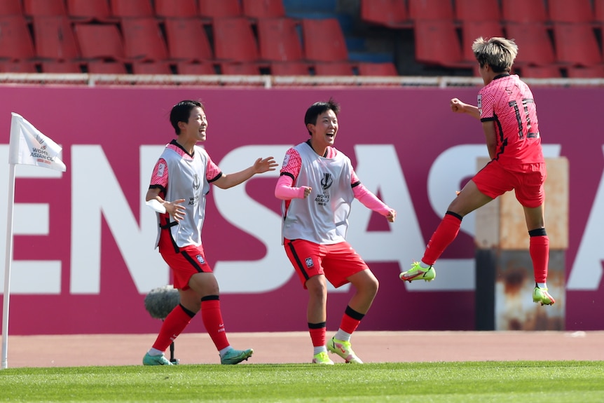 South Korea's Ji Soyun celebrates scoring her side's first goal with her teammates against the Matildas