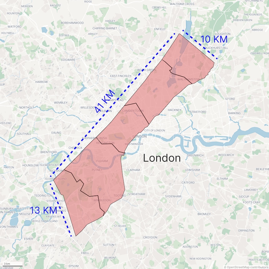 Map of London with the shape of the Gaza Strip overlayed on top
