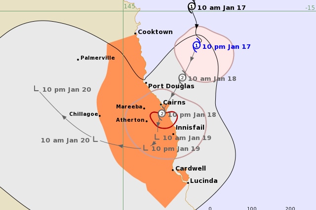 A map showing the projected path of a cyclone.