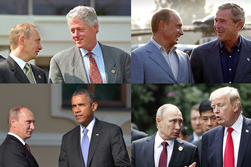 4 장의 사진은 푸틴 대통령이 빌 클린턴, 조지 W. 부시, 버락 오바마, 도널드 트럼프 미국 대통령을 만났음을 보여줍니다.