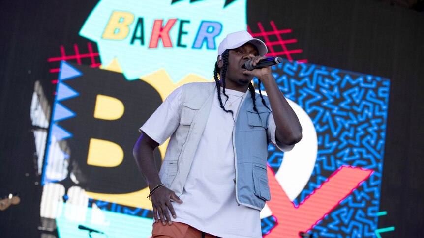 Rapper and dancer Baker Boy performing at the falls festival