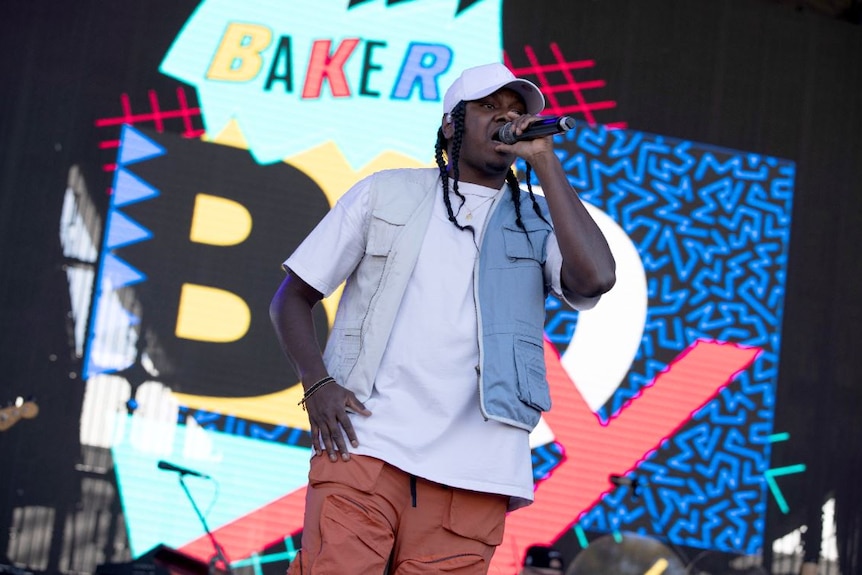 Rapper and dancer Baker Boy performing at the falls festival