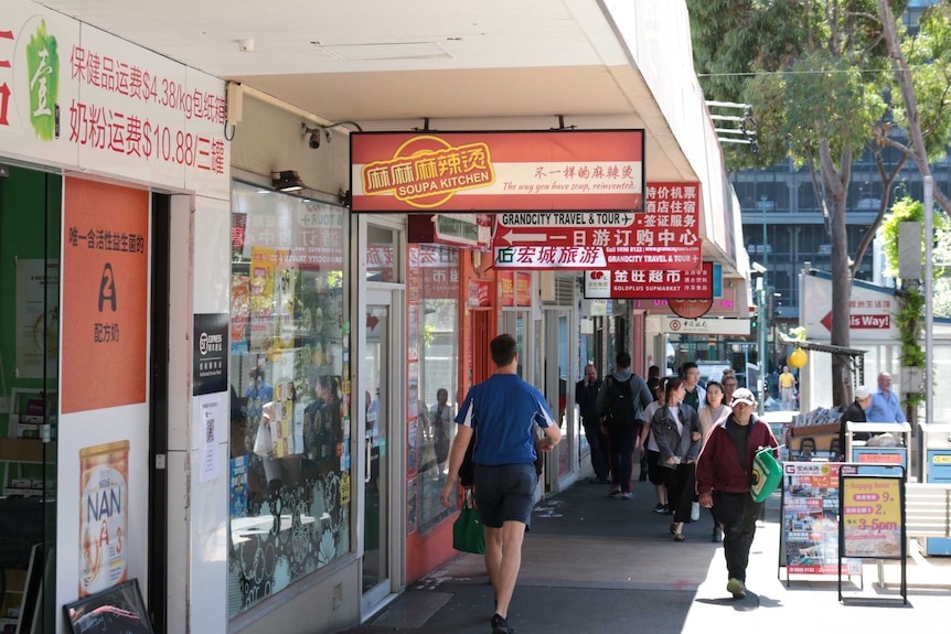 A generic view of a street in central Box Hill with lots of signage in Chinese.
