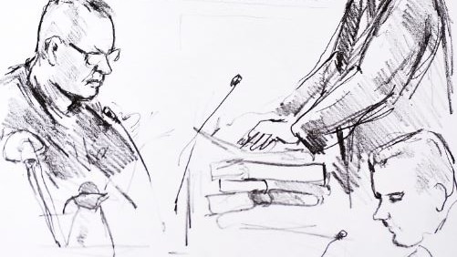 Drawing shows accused Peter Madsen, left, and the prosecutor Jakob Buch-Jepsen.