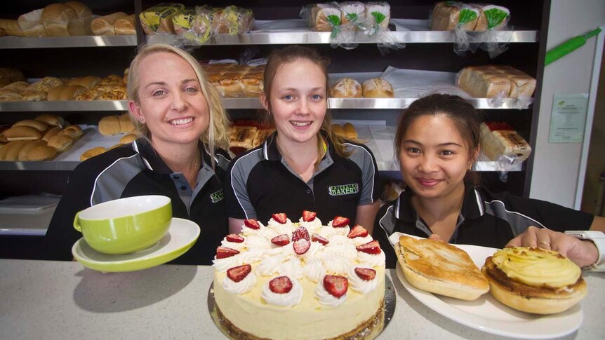 Fairbairn Bakery co-owner Kelly Sellars with staff Brooke Tosswell and AJ Cunanan.