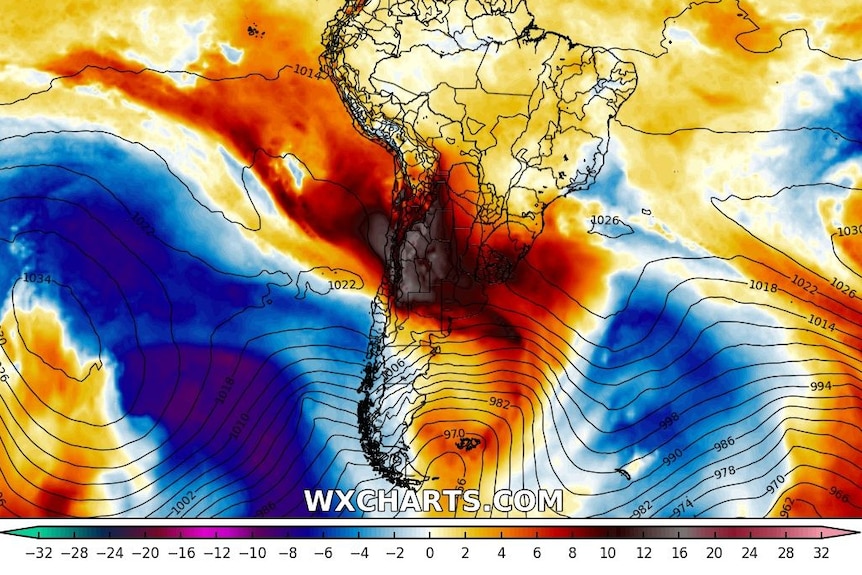 Map of temperatures anomalies in southern parts of South America