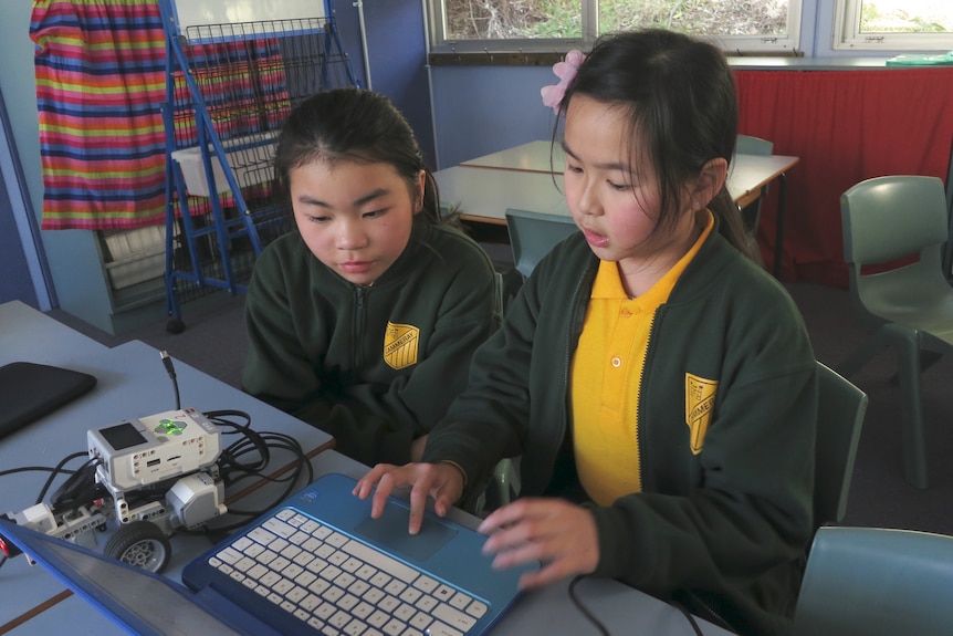 Two female primary school students look at a computer screen in a classroom