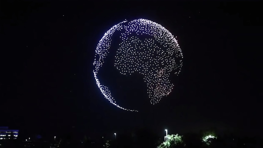 Drones by Intel create a map of the world in California in July 2018.