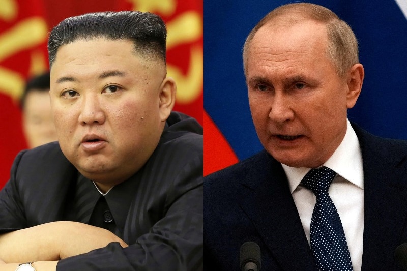 A close up of Kim Jong-un on the left and Vladimir Putin on the right.