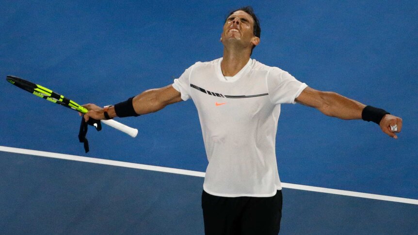 Spain's Rafael Nadal celebrates his Australian Open win over Cypriot Marcos Baghdatis.