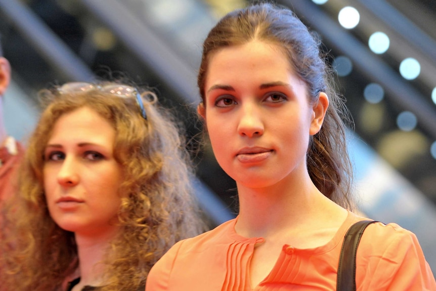 Russian punk rock band Pussy Riot members Maria Alyokhinafor and Nadezhda Tolokonnikova in Singapore