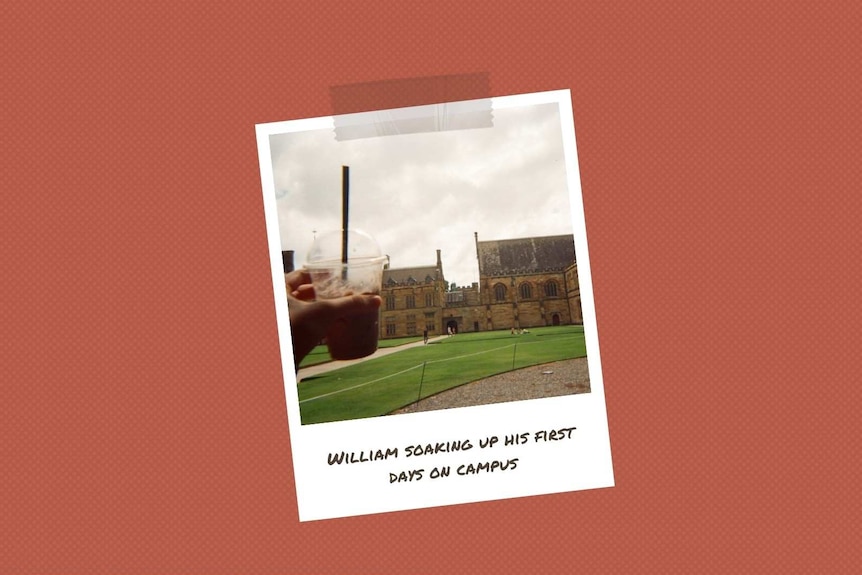 A polaroid of a young man holding bubble tea in front of Sydney Uni