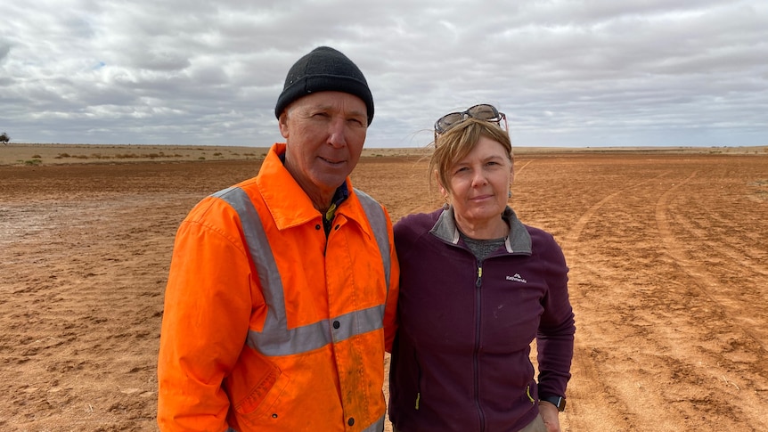 A man and a woman stand together in a farm paddock with no crops. 