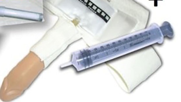 Fake urine sachets and an injector for a prosthetic penis