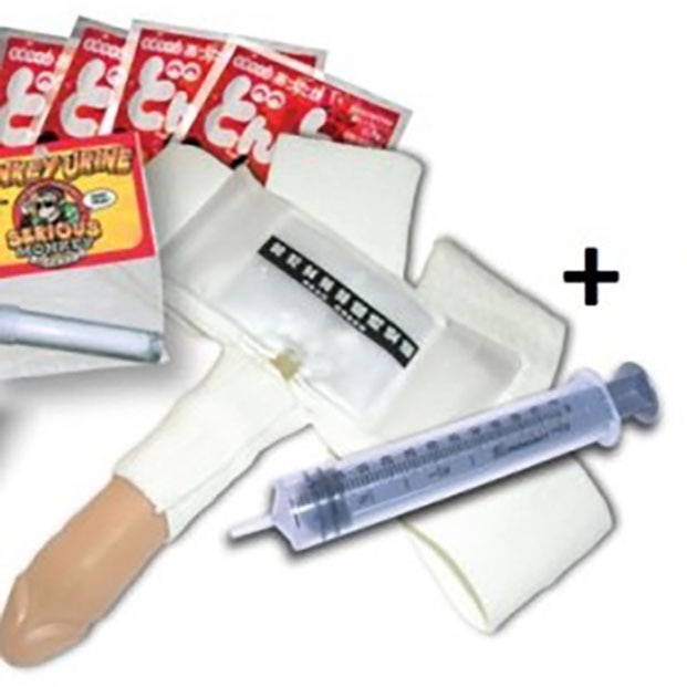 Fake urine sachets and an injector for a prosthetic penis