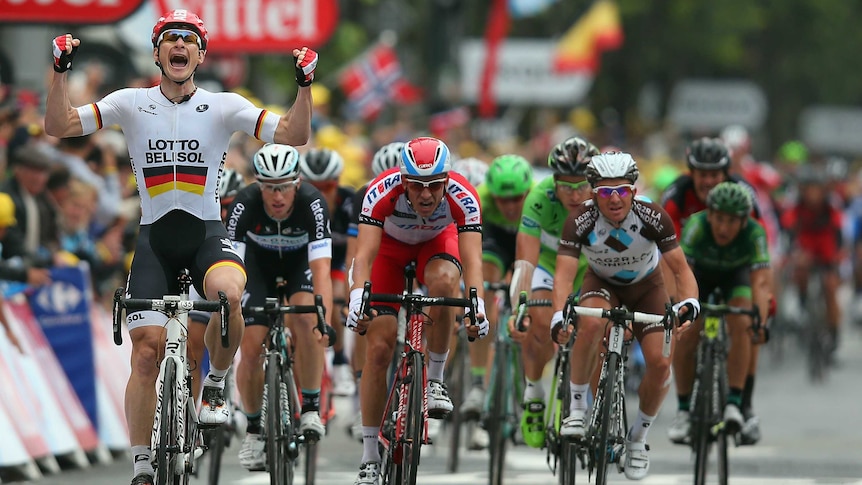 German rider Andre Greipel celebrates winning stage six of the 2014  Tour de France.