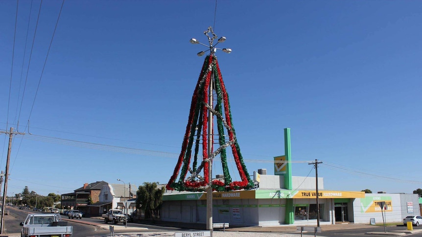 Broken Hill's Christmas tree, put up by Essential Energy workers, in Oxide Street.
