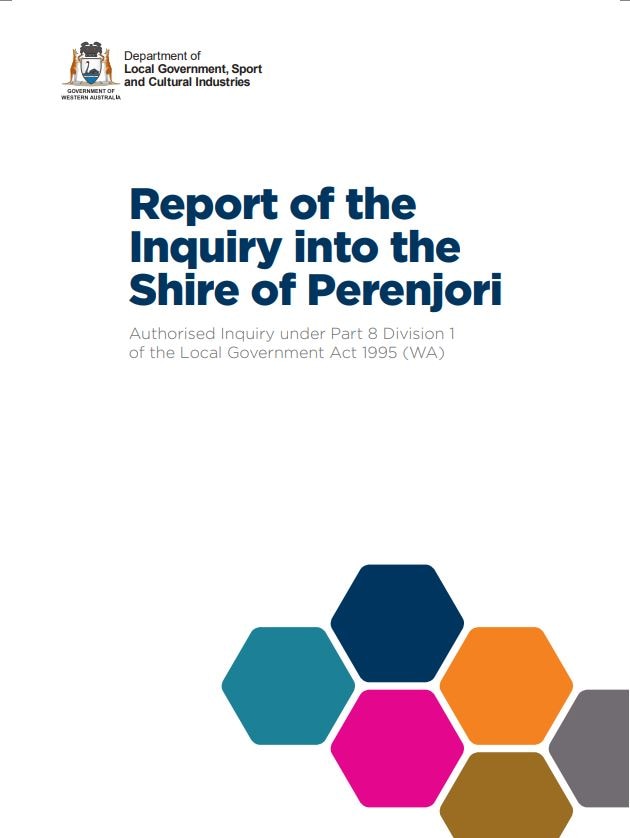 A screen shot of the opening page of the 'Report of the Inquiry into the Shire of Perenjori.